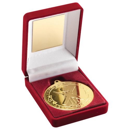 Red Velvet Box+Medal Cricket Trophy - Gold | 89mm | G48 |