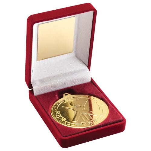 Red Velvet Box+Medal Cricket Trophy - Gold | 89mm | G48 |