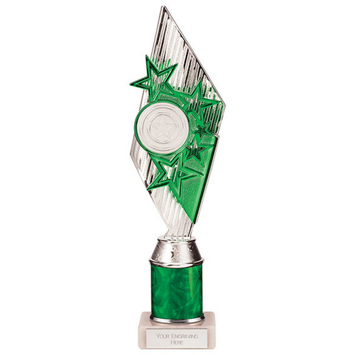 Pizzazz Plastic Tube Trophy | Silver & Green | 325mm | S7