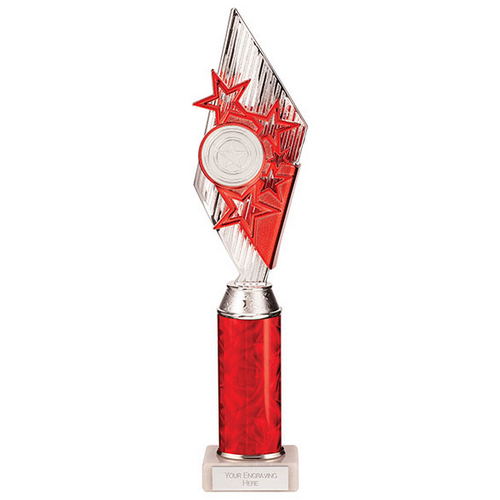 Pizzazz Plastic Tube Trophy | Silver & Red | 375mm | S7