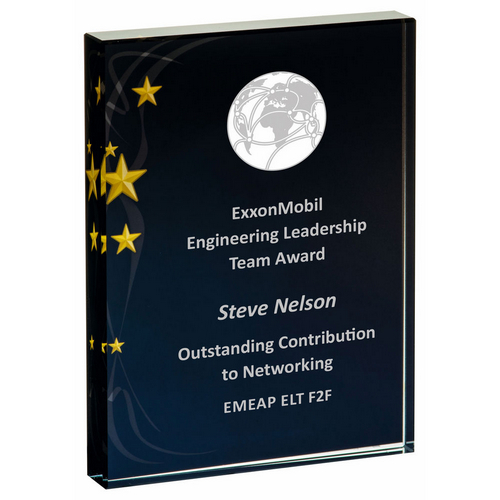 Rectangular Glass Trophy | Black Background with Gold Stars | 160 x 120mm