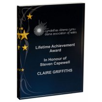 Rectangular Glass Trophy | Black Background with Gold Stars | 200 x 160mm