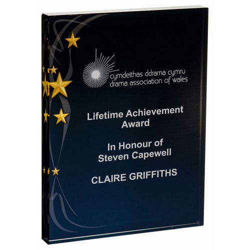 Rectangular Glass Trophy | Black Background with Gold Stars | 200 x 160mm
