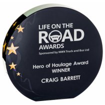 Circlular Glass Trophy | Black Background with Gold Stars | 105mm | 20mm Thick