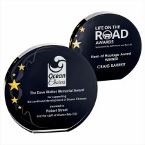 Circlular Glass Trophy | Black Background with Gold Stars | 135mm | 20mm Thick