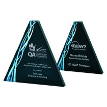 Triangular Blue Glass Trophy | Black Background | 200mm | 20mm Thick