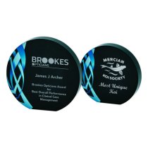 Circular Blue Glass Trophy | Black Background | 110mm | 20mm Thick