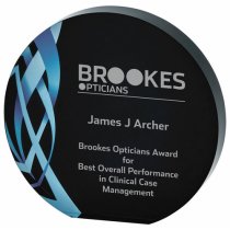 Circular Blue Glass Trophy | Black Background | 140mm | 20mm Thick