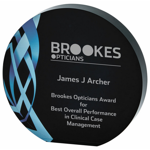 Circular Blue Glass Trophy | Black Background | 140mm | 20mm Thick