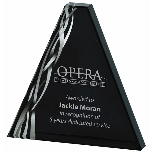 Triangular Silver Glass Trophy | Black Background | 160mm | 20mm Thick