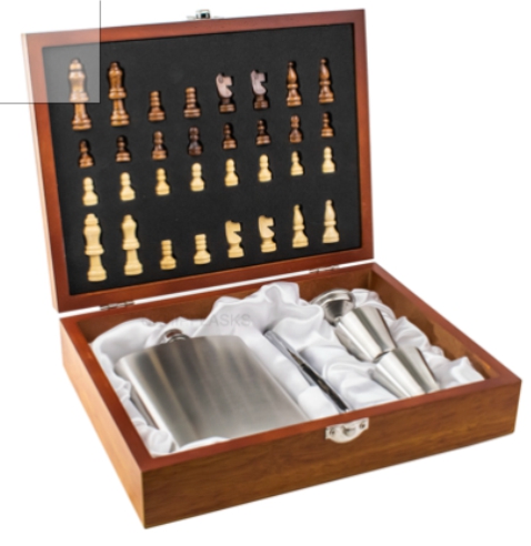 Chess Gift Set with Hip Flaski | Stainless Steel | Wood Chess Board Box