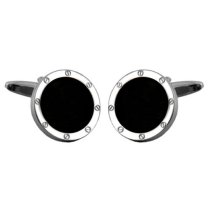 Port Hole Black Onyx Cuff Links in Personalised Silver Box