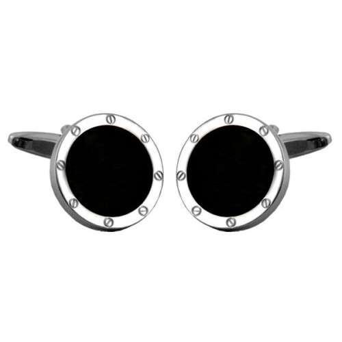 Port Hole Black Onyx Cuff Links in Personalised Silver Box