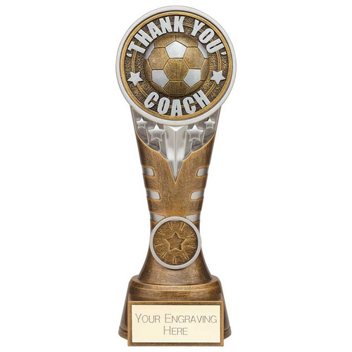 Ikon Tower Thank you Coach Football Trophy | Antique Silver & Gold | 200mm | G24