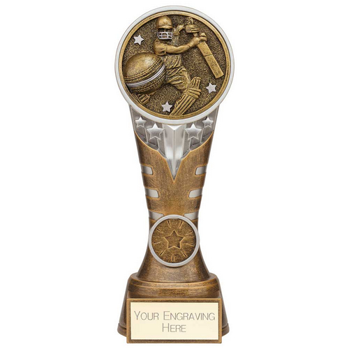 Ikon Tower Cricket Batsman Trophy | Antique Silver & Gold | 200mm | G24