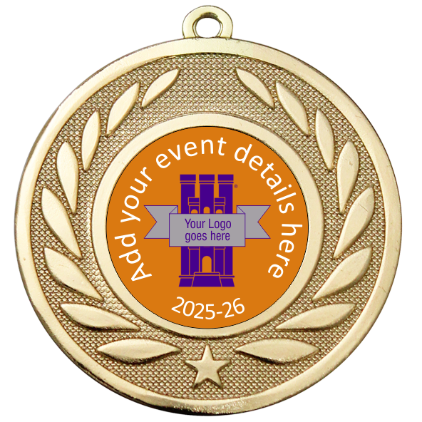 Personalised Medal | Gold | 50mm | Embossed Wreath | Features Your Badge
