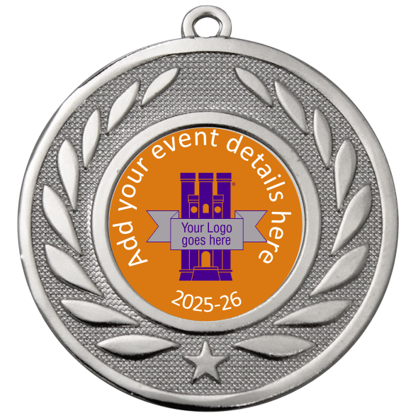 Personalised Medal | Silver | 50mm | Embossed Wreath | Features Your Badge
