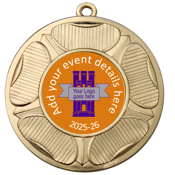 Personalised Medal | Gold | 50mm | Embossed Tudor Rose | Features Your Badge