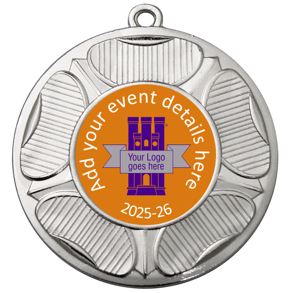 Personalised Medal | Silver | 50mm | Embossed Tudor Rose | Features Your Badge
