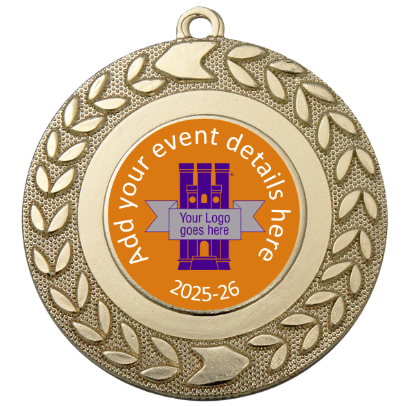 Personalised Medal | Gold | 50mm | Embossed Wreath | Features Your Badge