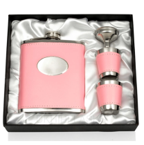 Hip Flask & Cup Set | Pink Leather Trim | Gift Boxed