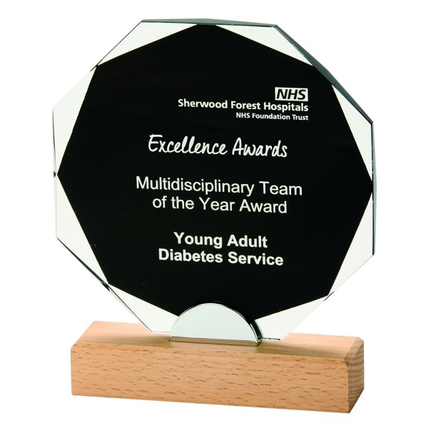 Octagon Crystal Trophy | Wooden Base | 210mm