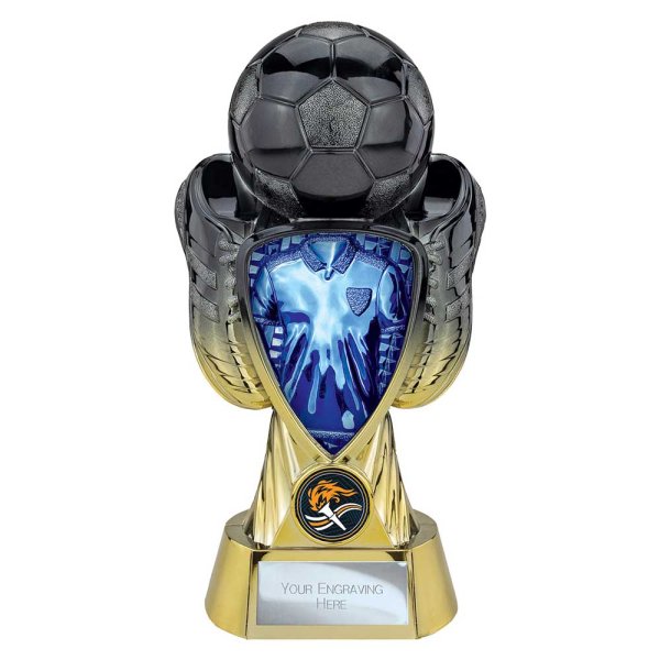 Tournament Football Trophy | Blue Shirt | Heavyweight | Black & Gold | 220mm