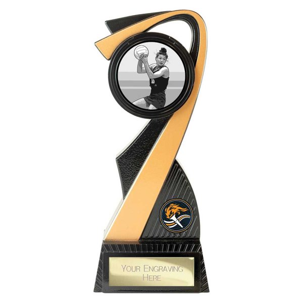 Mania Tower Netball Trophy | Black & Gold | 205mm